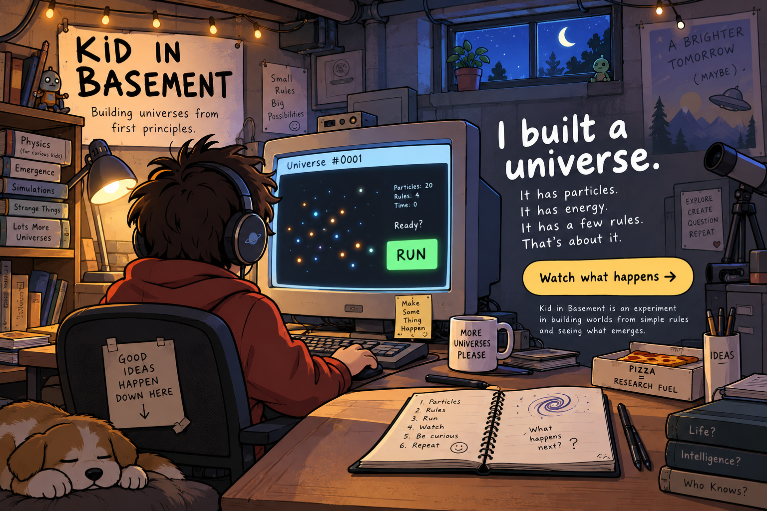 Cartoon basement laboratory with the Kid at a computer running Universe 0001.