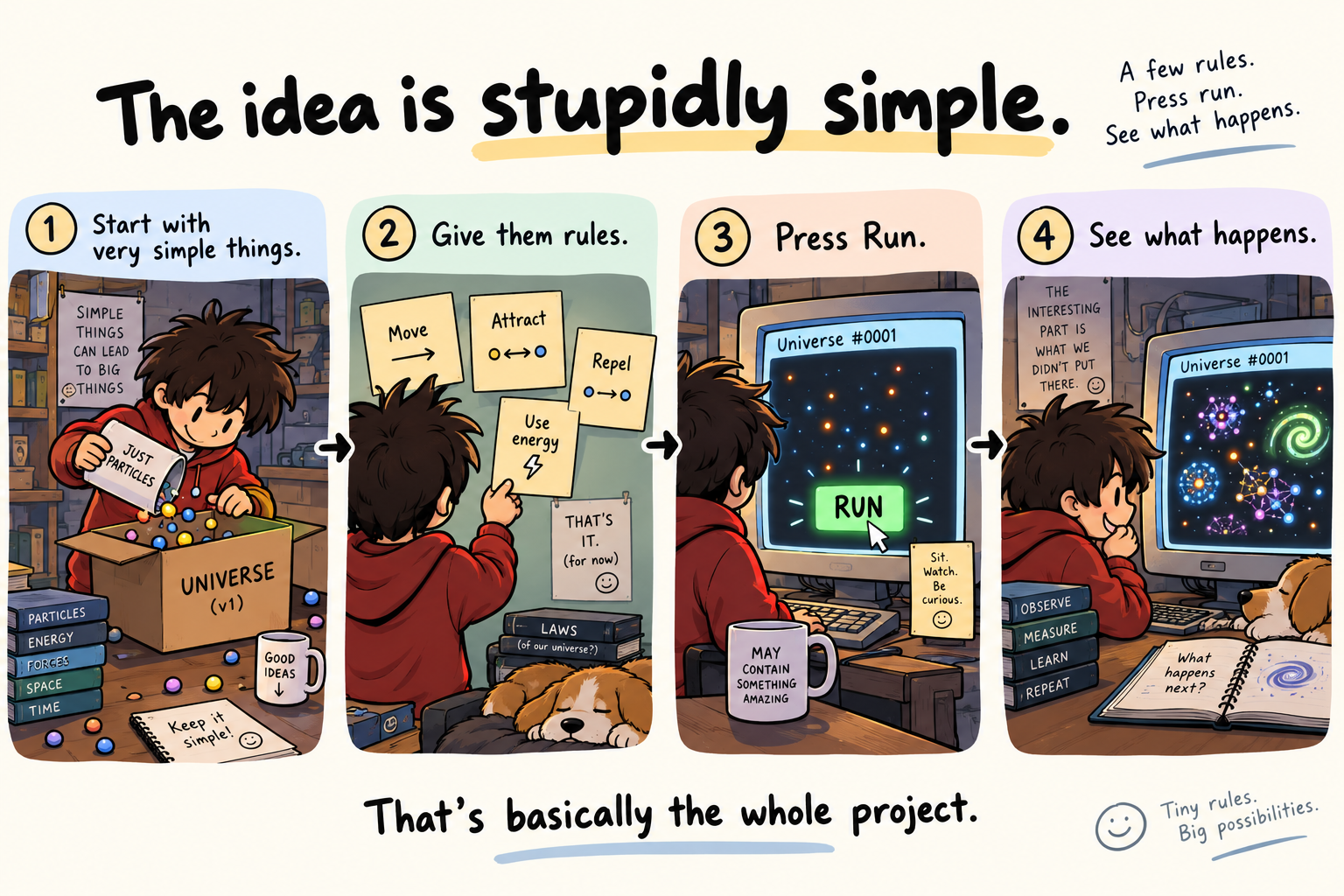 Four-panel cartoon explaining: start with simple things, give them rules, press Run, and see what happens.