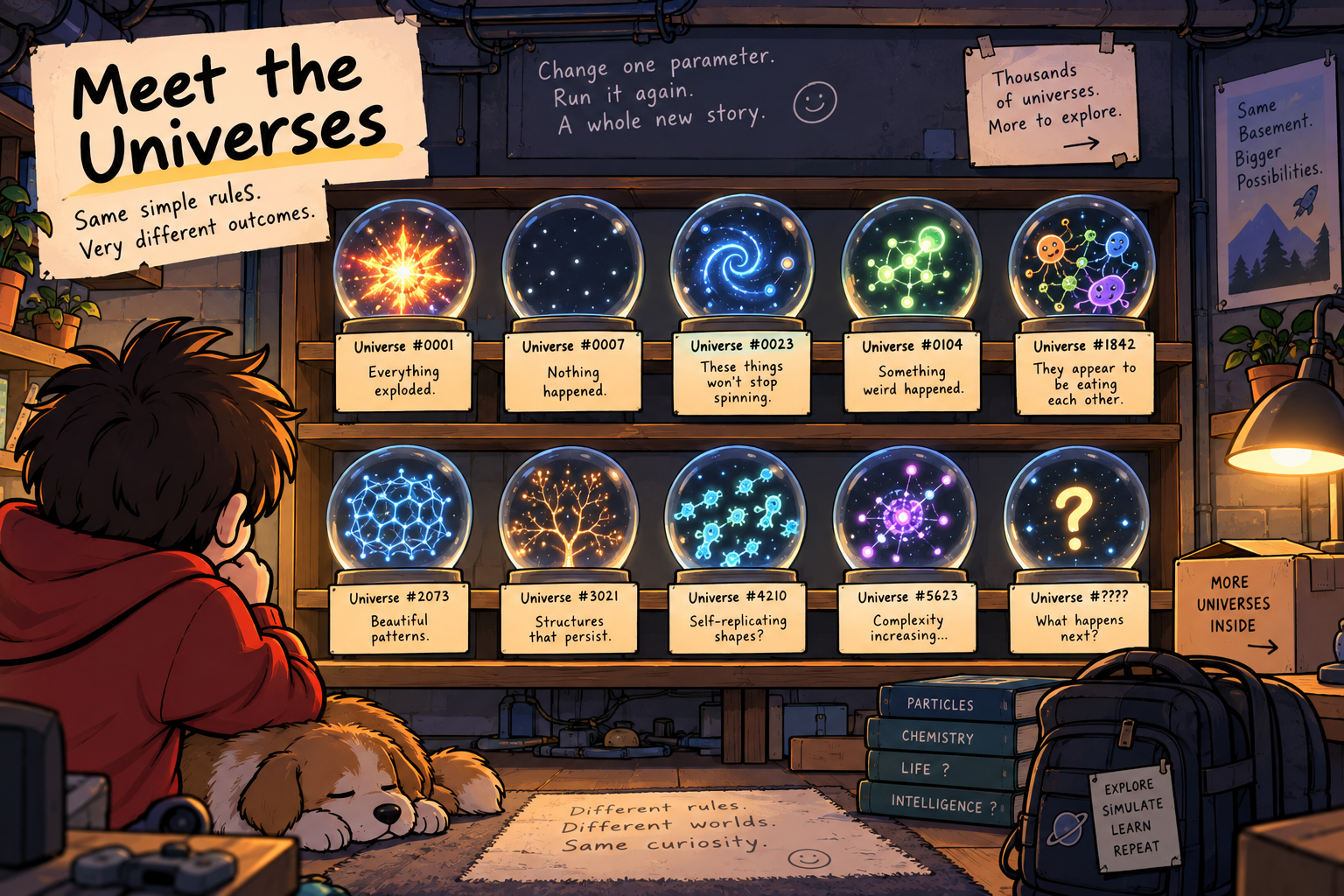Cartoon shelf of many simulated universes with playful labels describing their different outcomes.