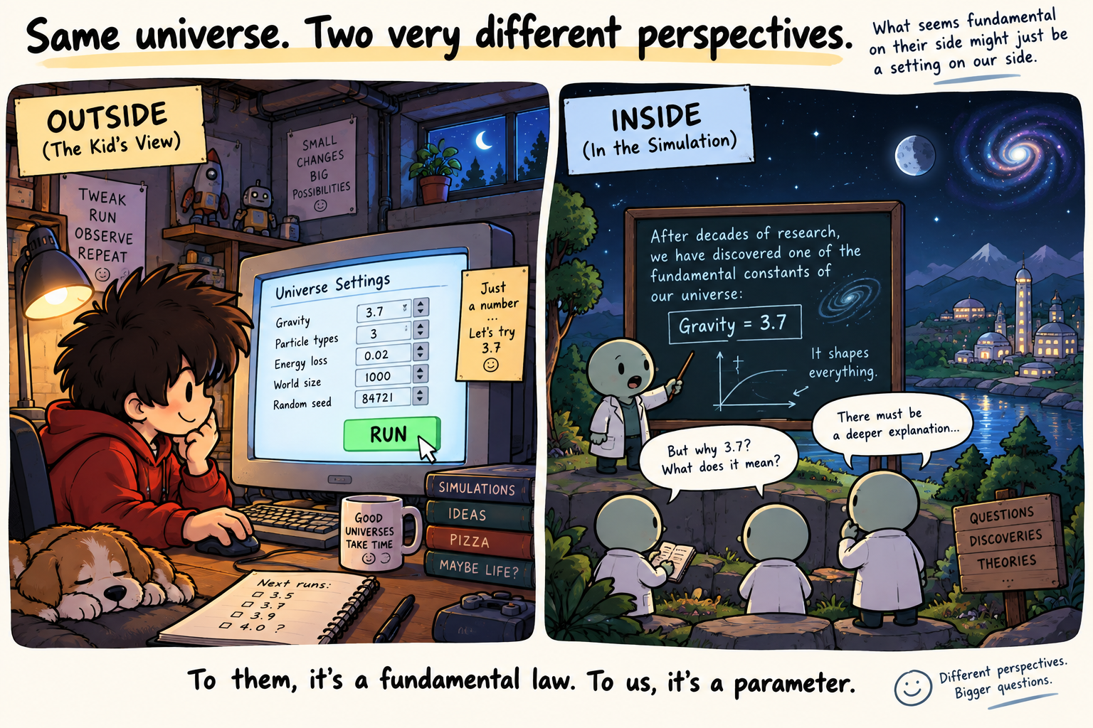 Split cartoon: outside, the Kid sets a universe parameter to 3.7; inside, scientists treat 3.7 as a fundamental law and ask why.