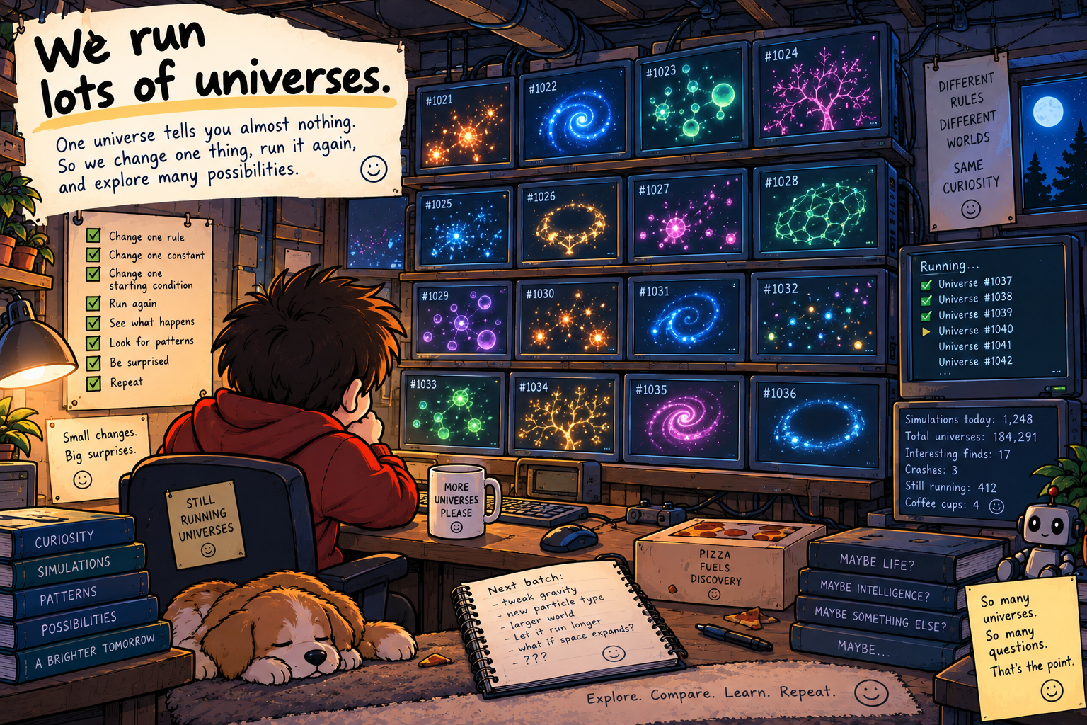 Cartoon basement filled with monitors running many different universes at once.