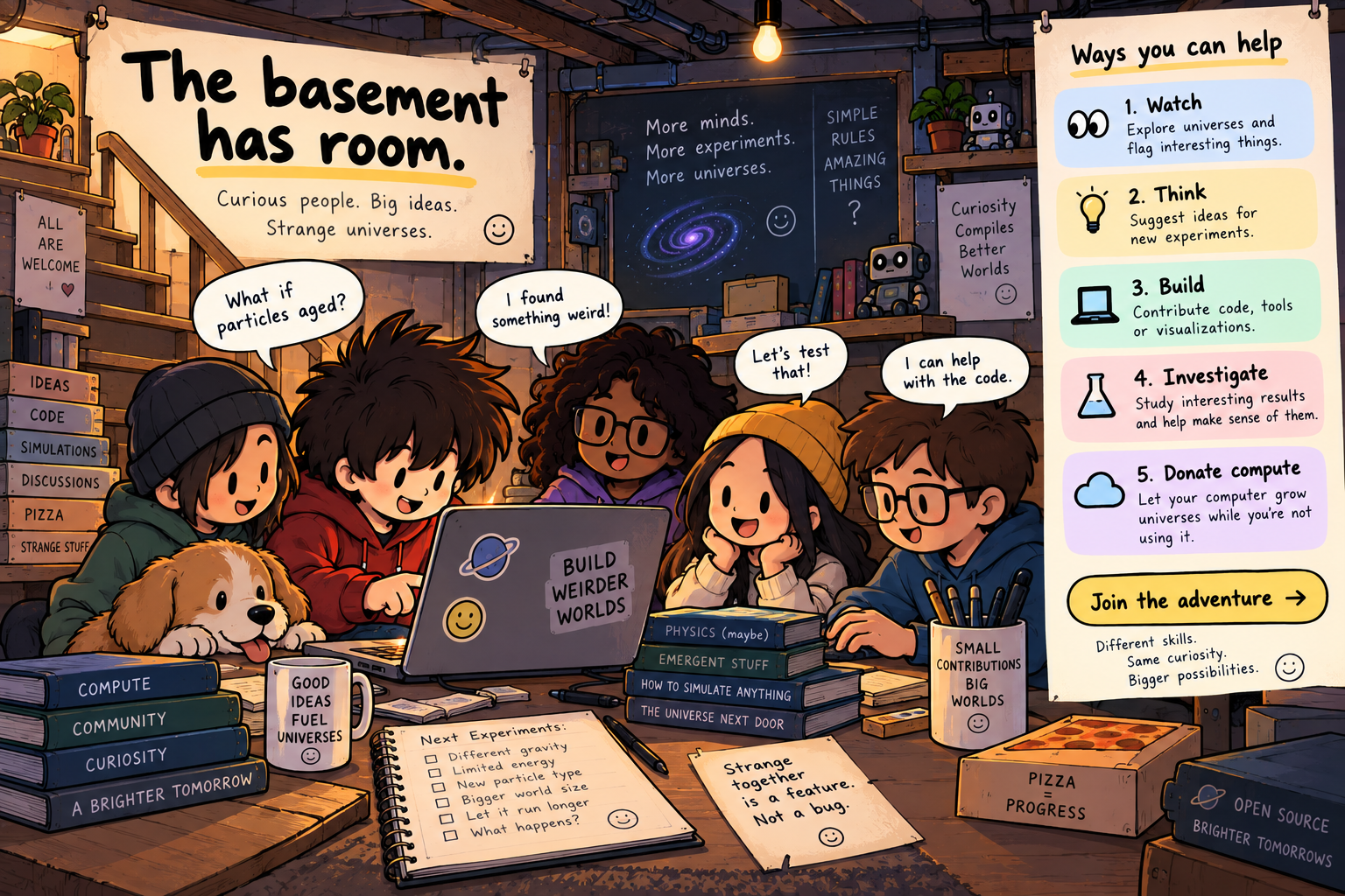 Cartoon group of curious people collaborating around a laptop in the basement, with suggestions for ways to help.