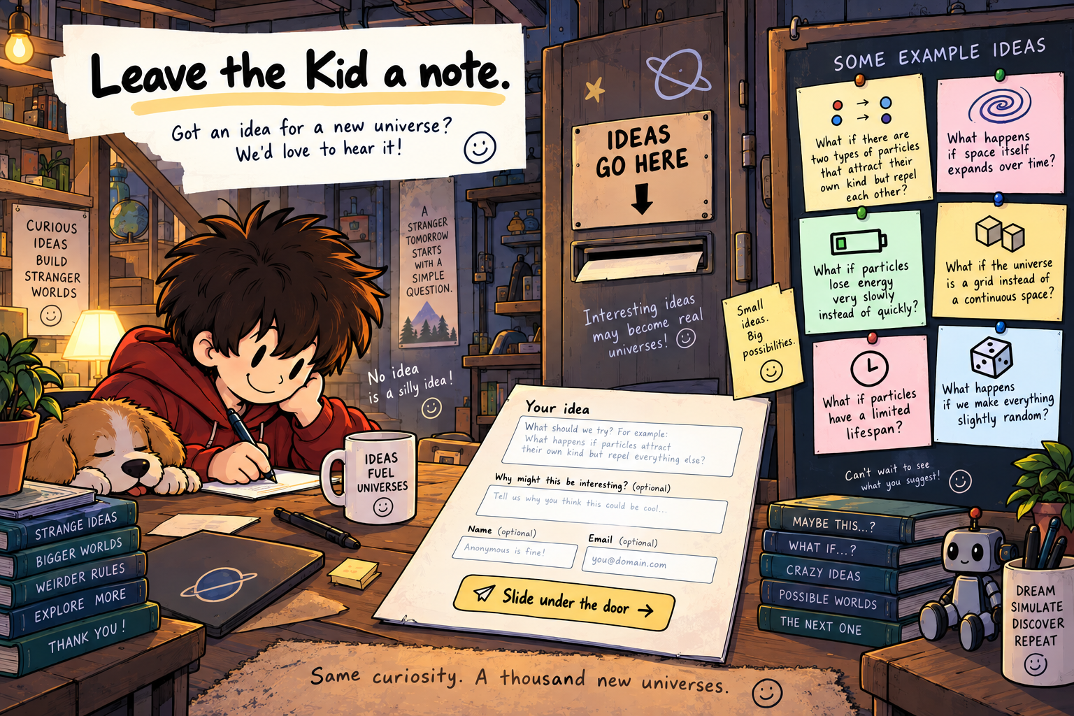 Cartoon Kid writing experiment suggestions in the basement beside an ideas mailbox and example questions.
